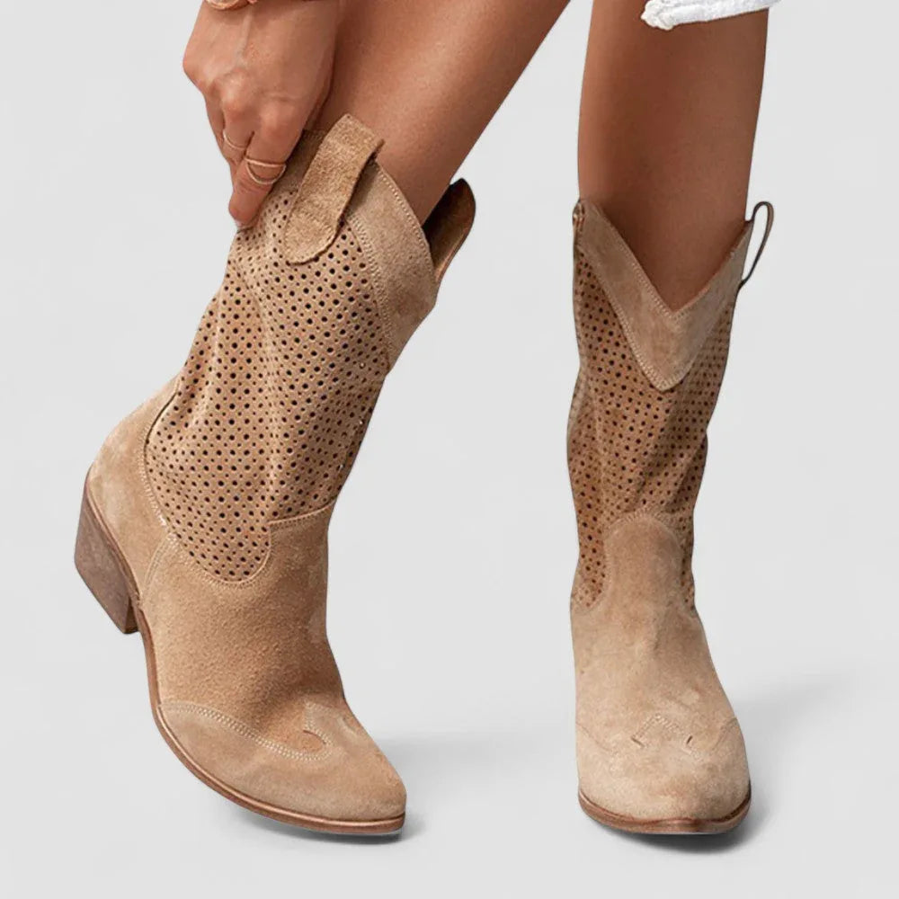 Rachel orthopedic Western ankle boots in beige with stacked heel