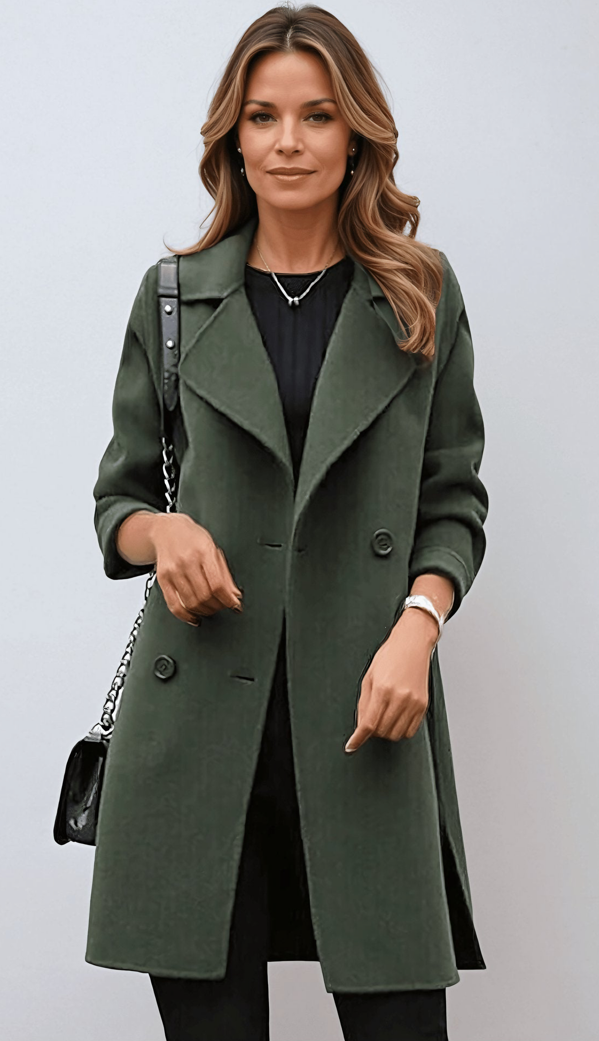 Celina long trench coat shown in green, a tailored full-length womens outerwear piece