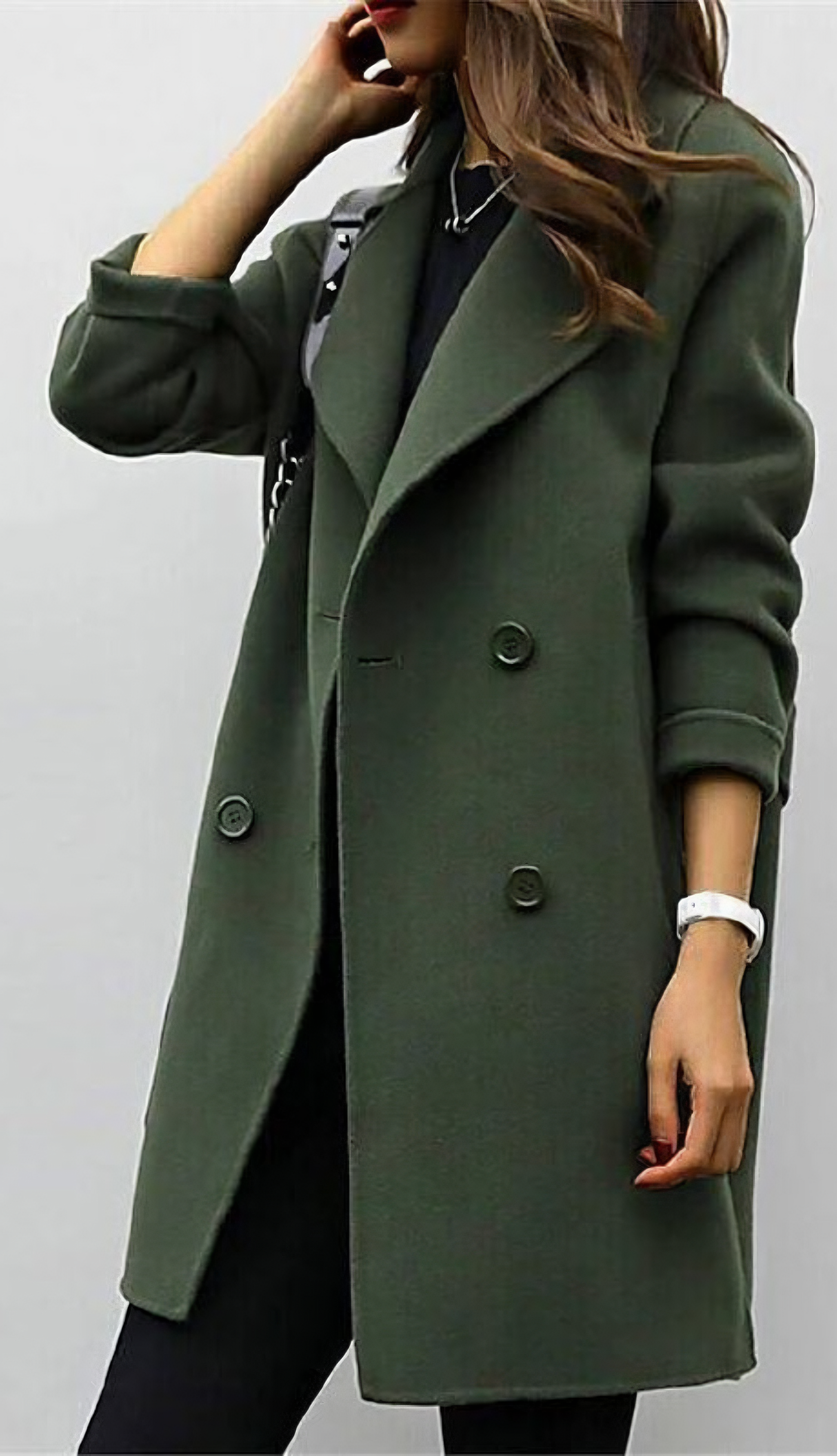 Celina long trench coat shown in green, a tailored full-length womens outerwear piece