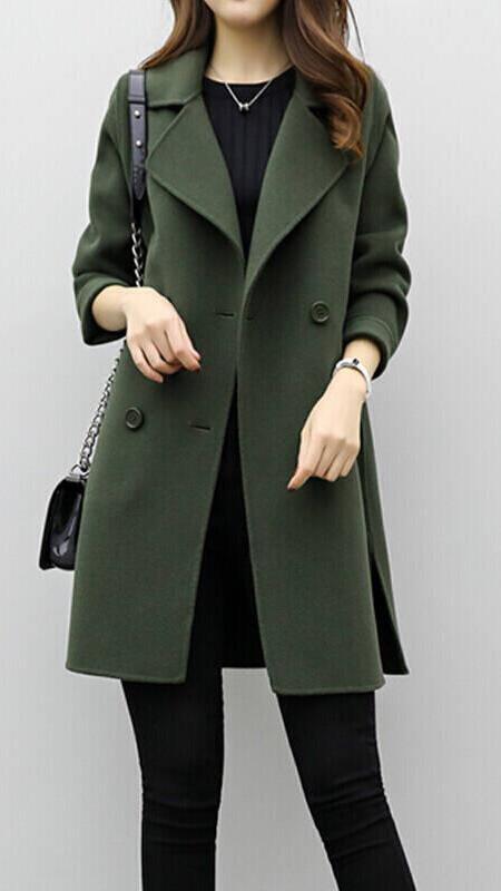 Celina long trench coat shown in green, a tailored full-length womens outerwear piece