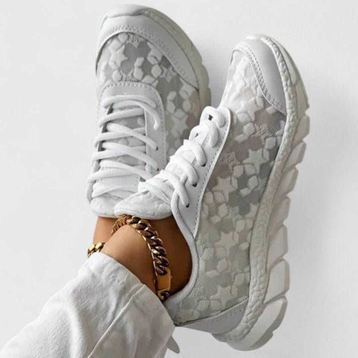 White cushioned lace-up sneakers with a grippy sole for everyday wear