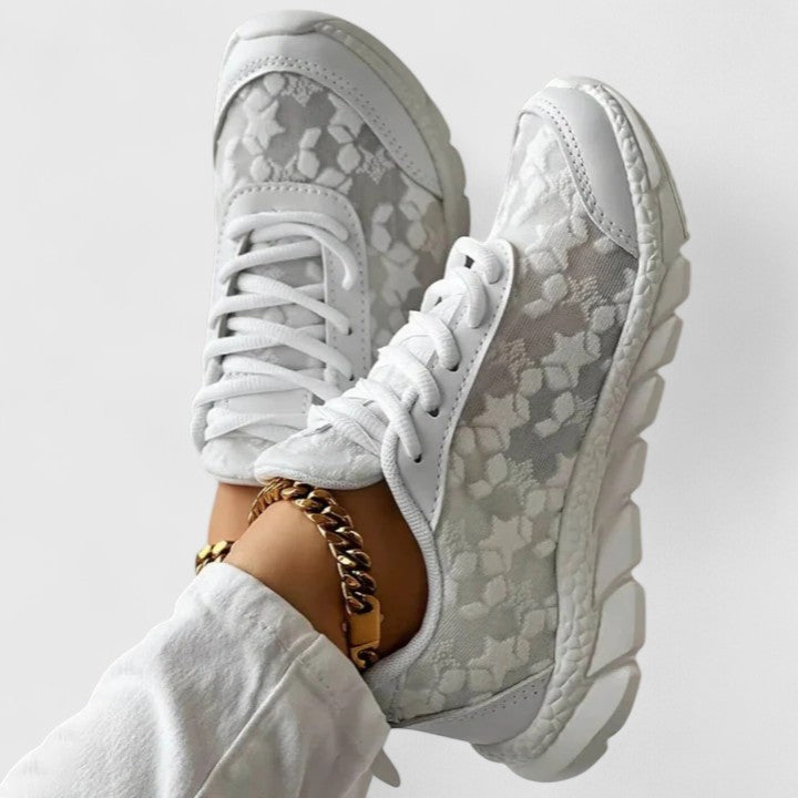 White cushioned lace-up sneakers with a grippy sole for everyday wear