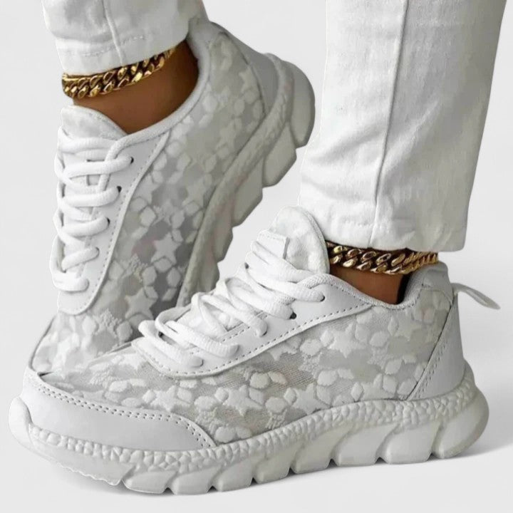 White cushioned lace-up sneakers with a grippy sole for everyday wear