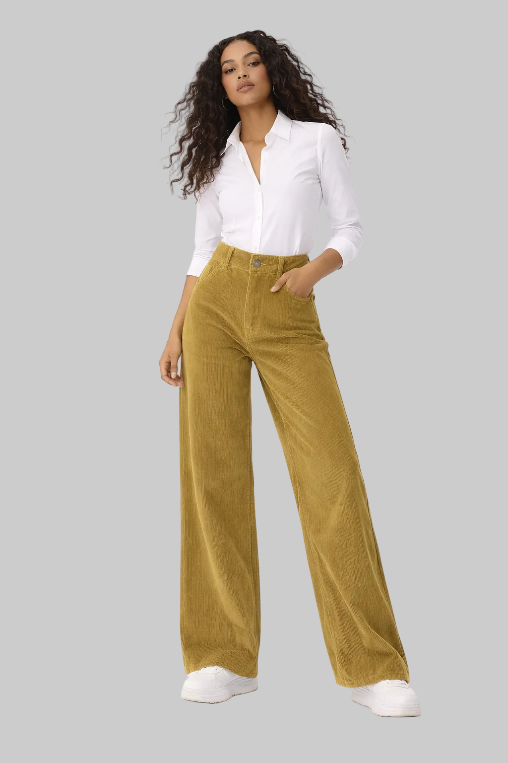 Noor camel wide leg jeans shown in a relaxed everyday fit
