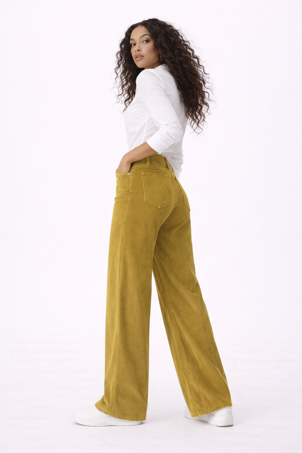 Noor camel wide leg jeans shown in a relaxed everyday fit
