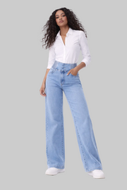 Amara blue elastic high-waist flare jeans shown on a model