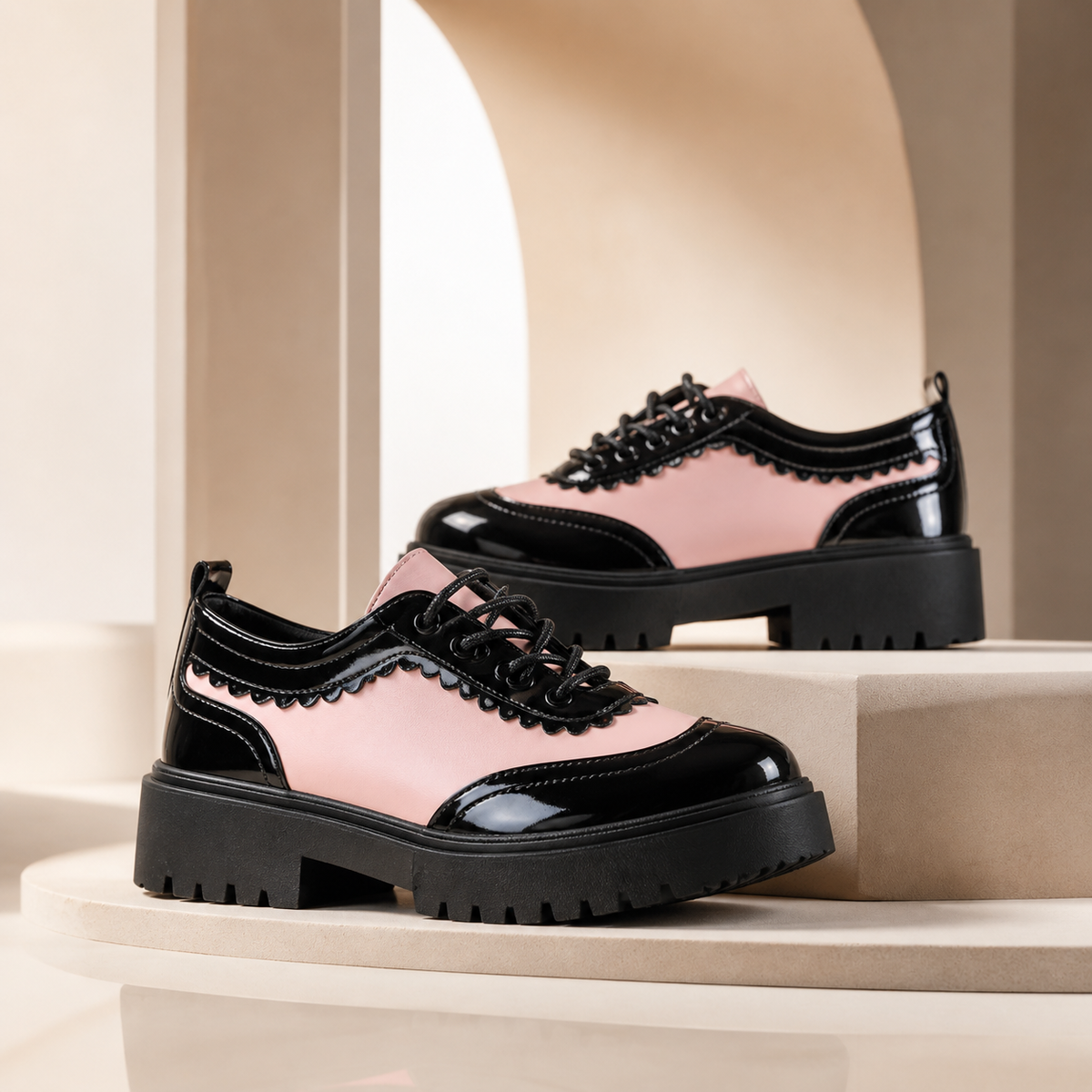 Beatrix wingtip platform oxford shoes with lace-up closure in pink and white