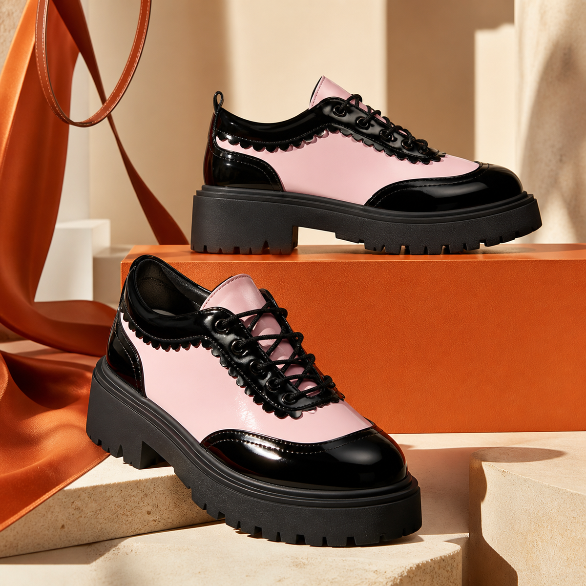 Beatrix wingtip platform oxford shoes with lace-up closure in pink and white