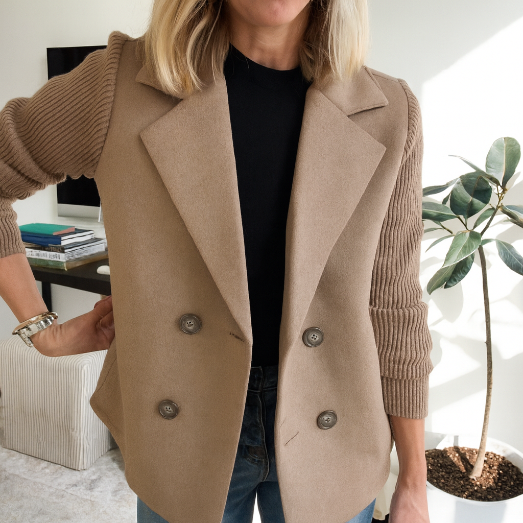 Sasha soft ribbed unstructured blazer coat in a neutral tone with full-length sleeves