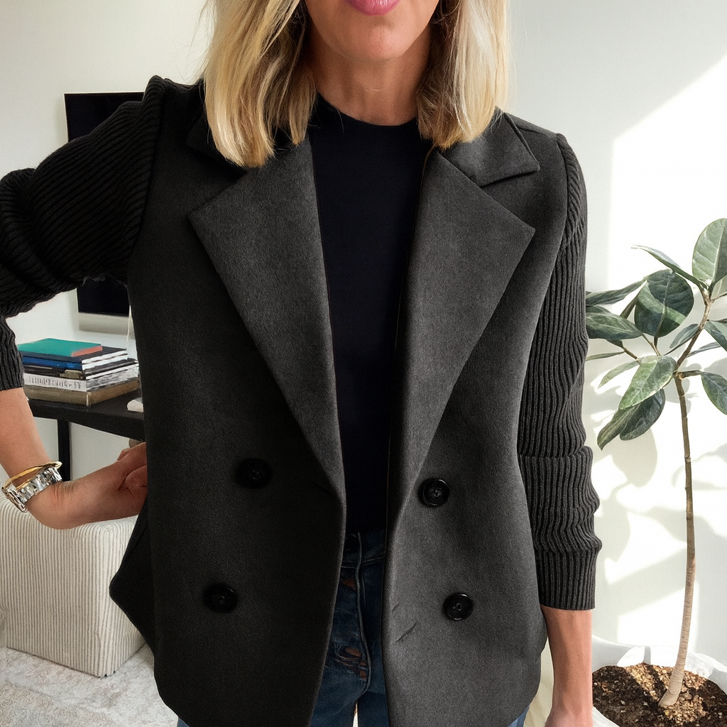 Sasha soft ribbed unstructured blazer coat in a neutral tone with full-length sleeves