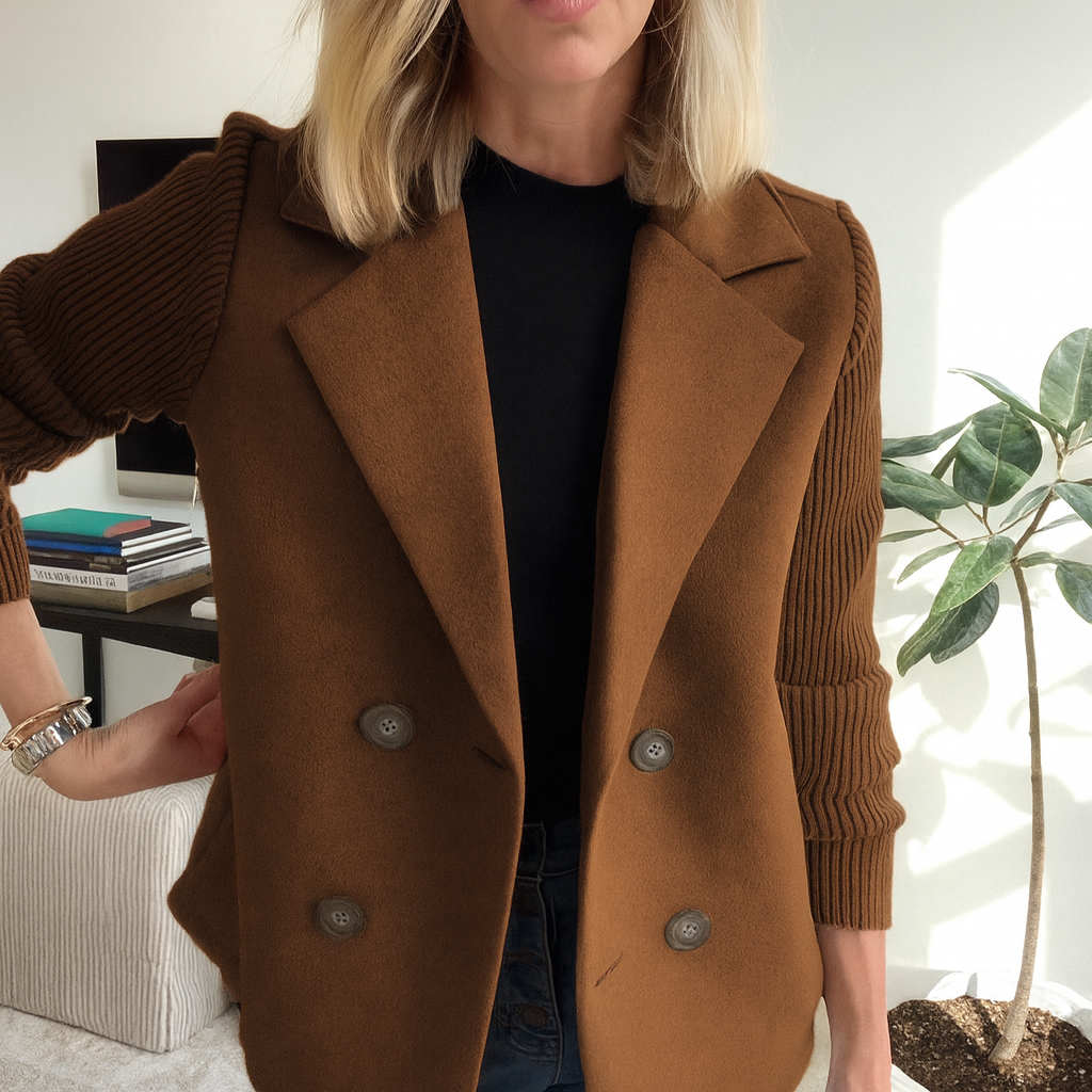 Sasha soft ribbed unstructured blazer coat in a neutral tone with full-length sleeves