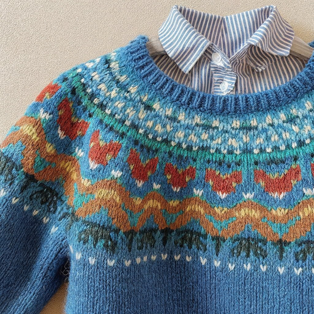 Velvo classic vintage knit sweater in blue with a cosy textured weave