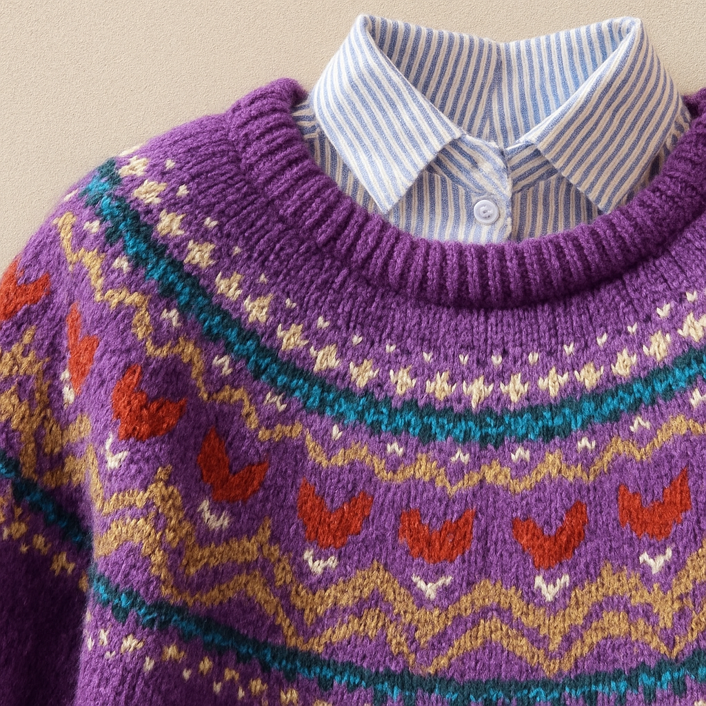 Solva classic vintage knit sweater in purple, cosy textured weave with a flattering everyday fit
