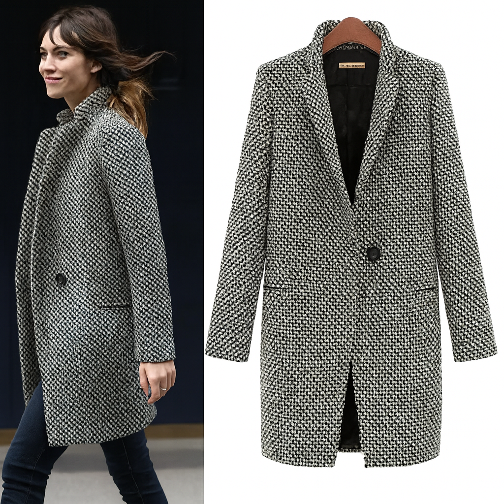 Dorothy refined winter coat with tailored cut and subtle textured finish in black and white