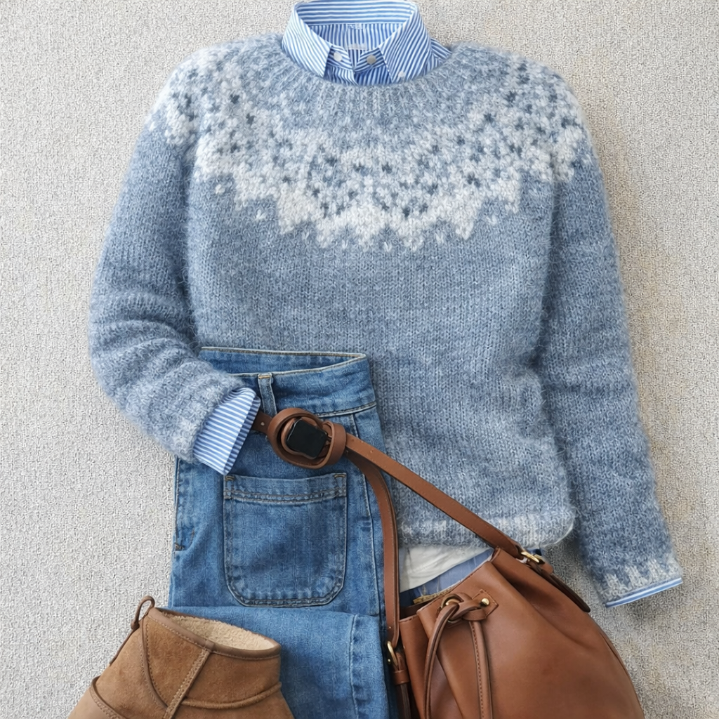 Oceanic blue Nordic knit jumper with geometric pattern and ribbed cuffs