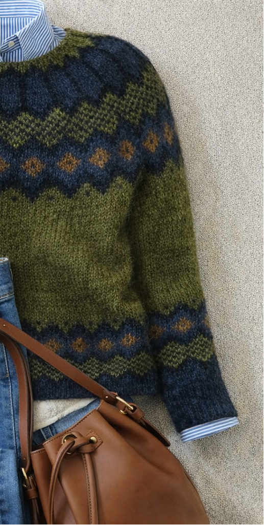 Green heritage Nordic knit jumper with patterned design and ribbed cuffs