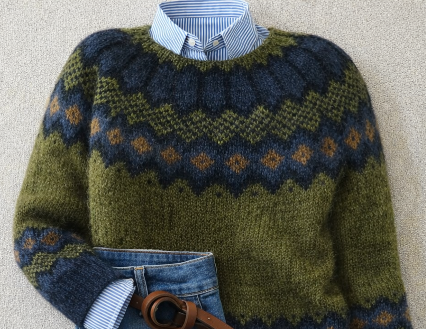 Green heritage Nordic knit jumper with patterned design and ribbed cuffs