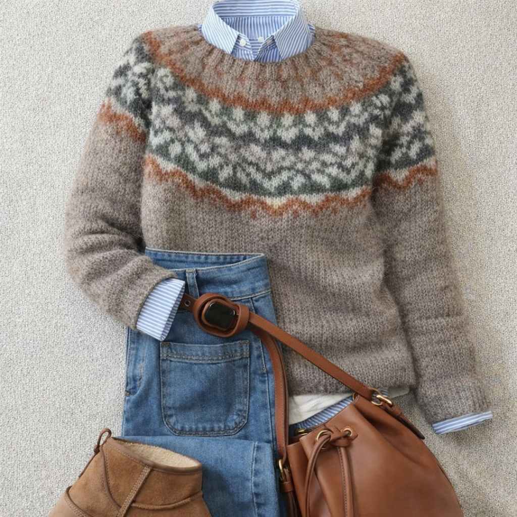 Ashley heritage Nordic knit sweater in brown with cozy textured weave