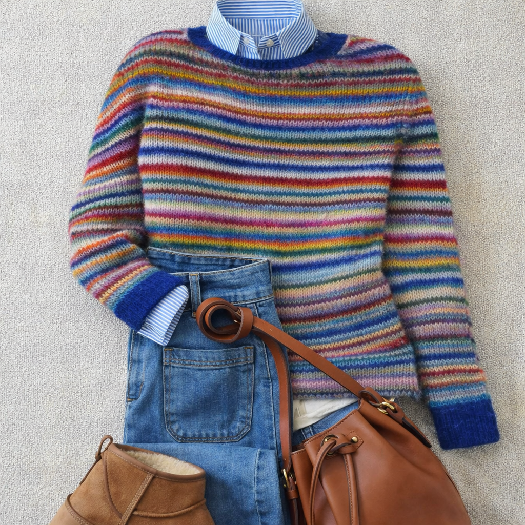 Megan heritage Nordic knit sweater in rainbow stripes colourway