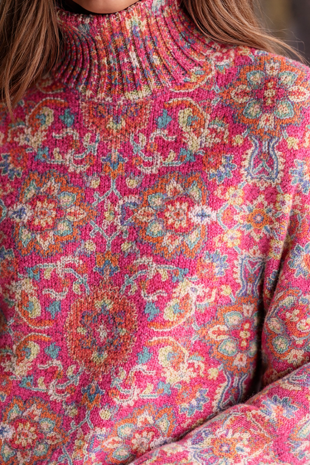 Florence floral knit turtleneck in pink with a cosy soft weave