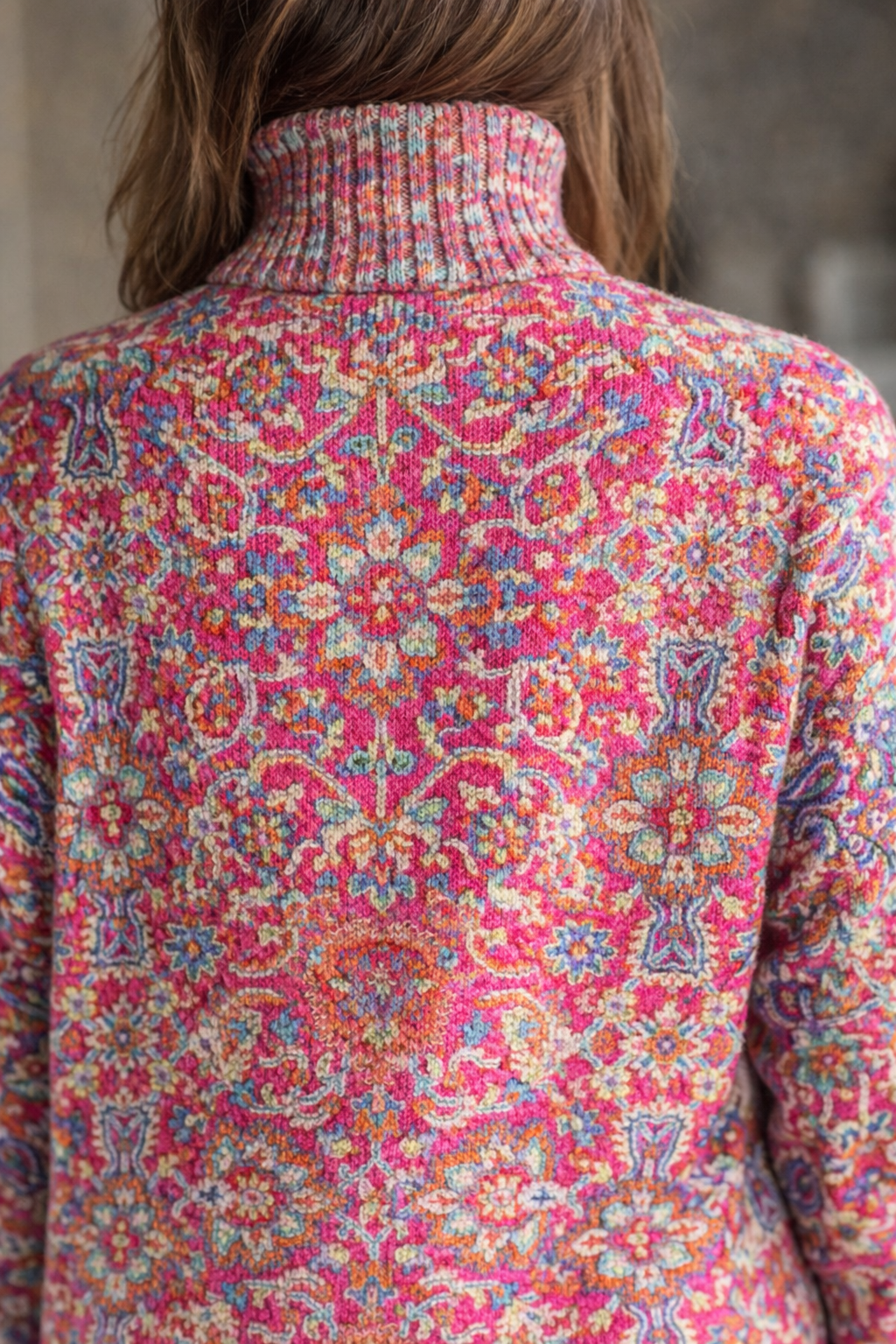 Florence floral knit turtleneck in pink with a cosy soft weave