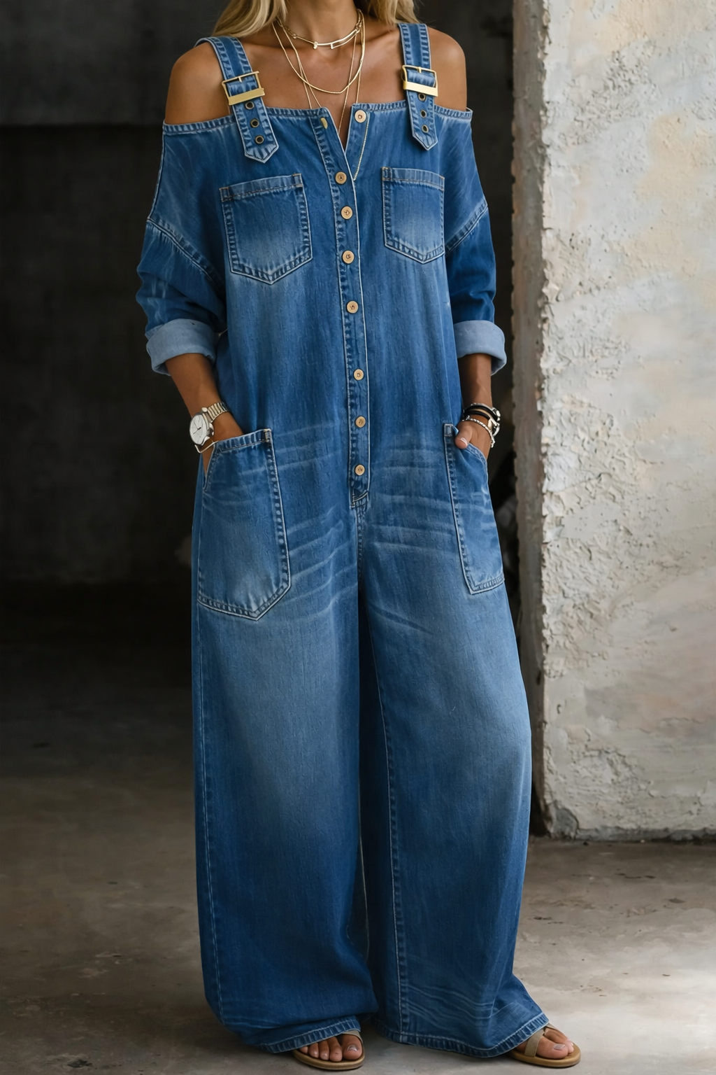 Pauline off-shoulder denim jumpsuit