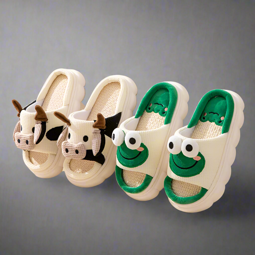 Cute women's cartoon animal cotton slippers in frog and cow designs with low-back heel