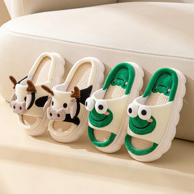 Cute women's cartoon animal cotton slippers in frog and cow designs with low-back heel