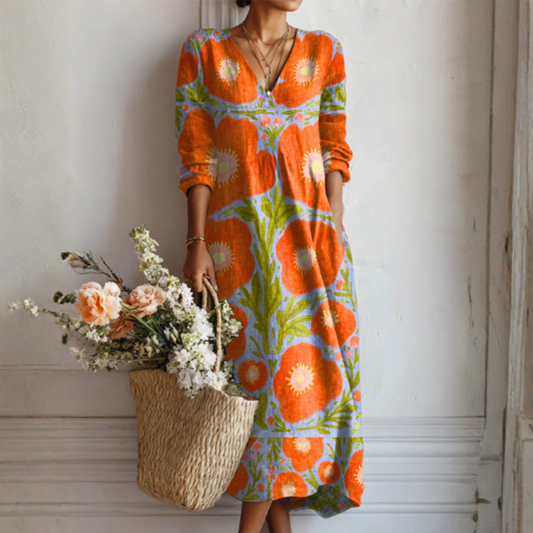 Claire multicolour floral midi dress with a flowing feminine silhouette