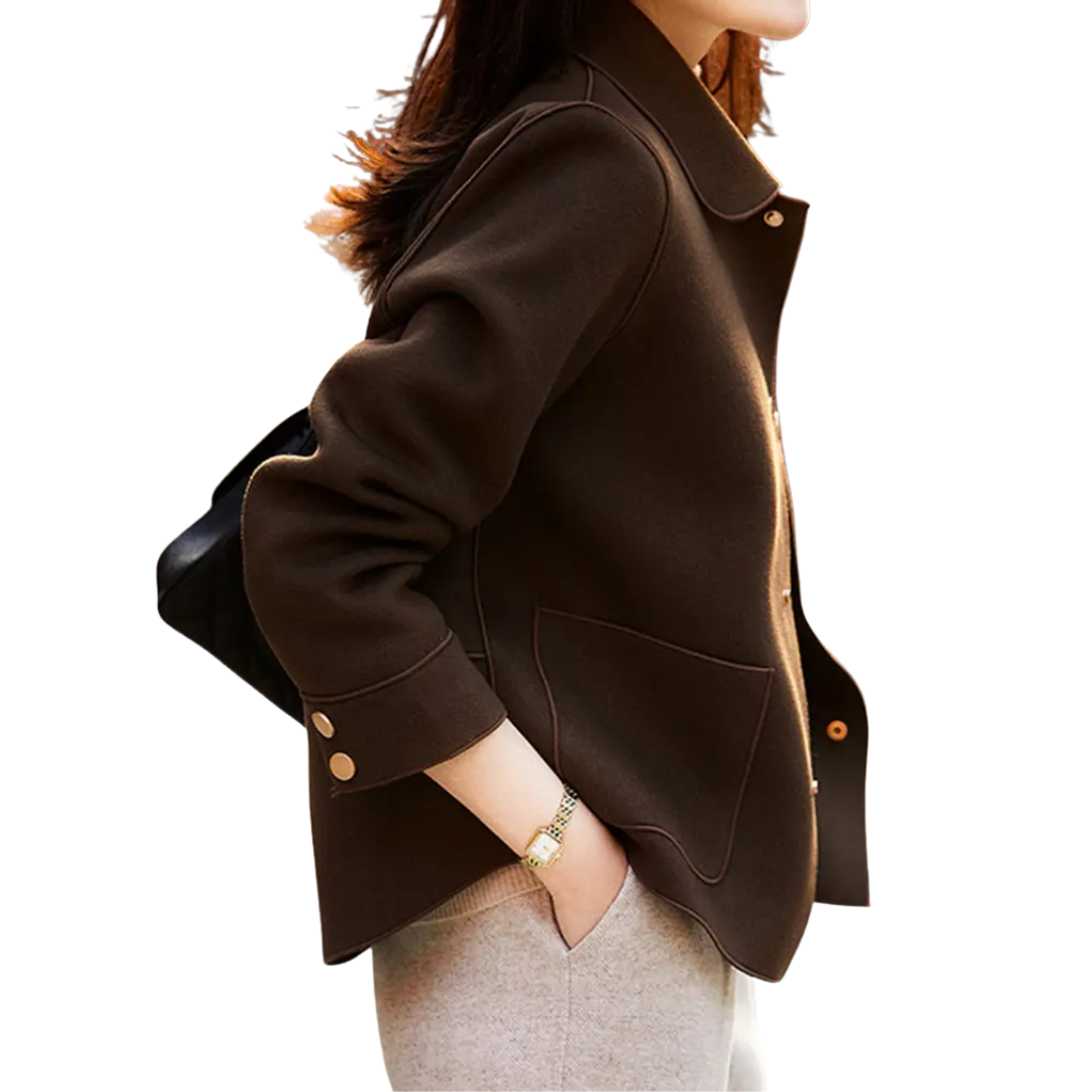 Dorothea tailored wool pea coat shown in khaki, coffee brown and black