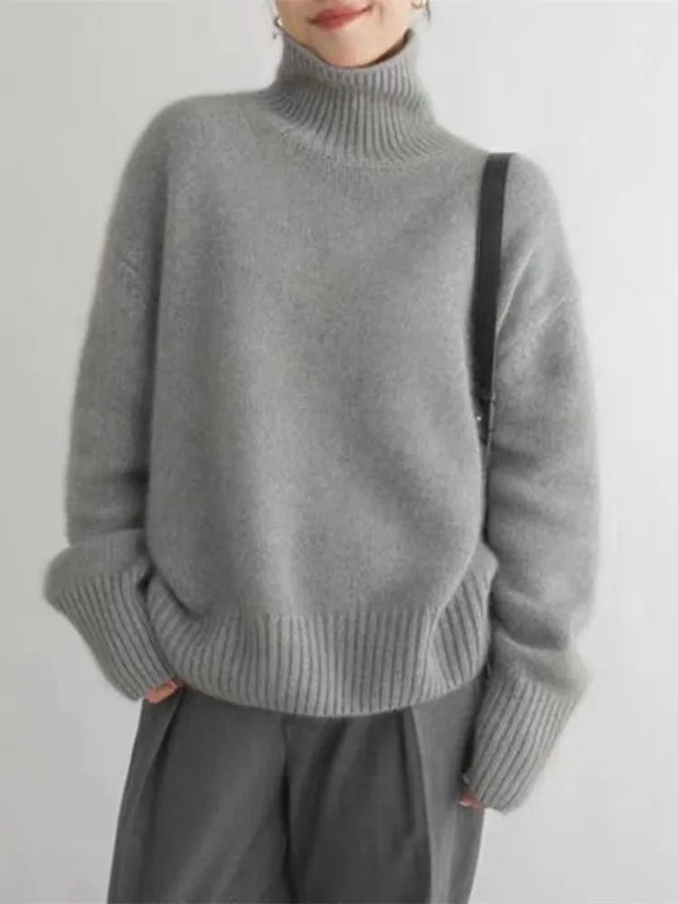 Isabella high collar cashmere jumper in beige, grey and khaki