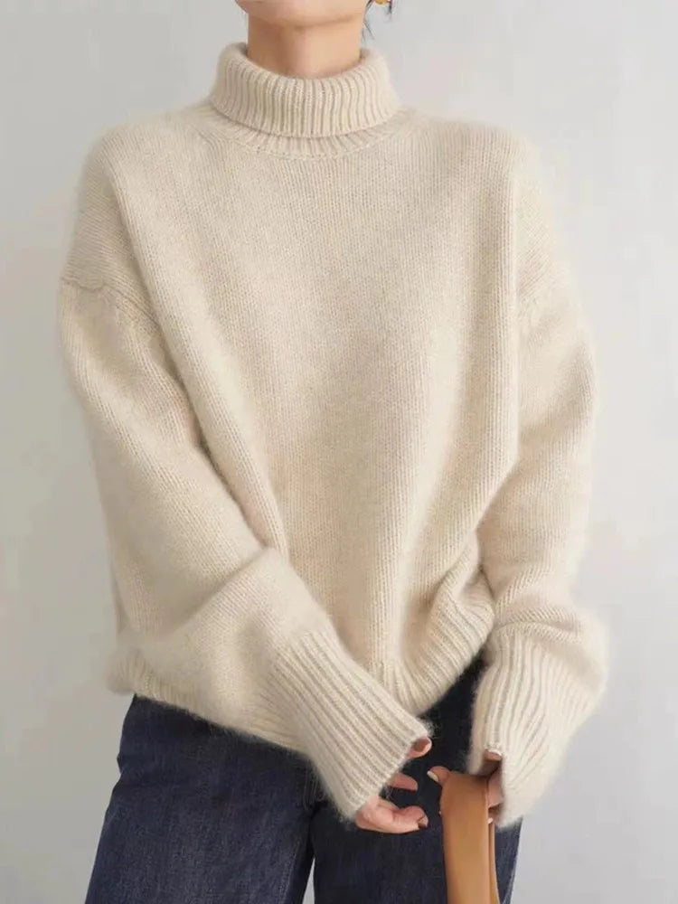 Isabella high collar cashmere jumper in beige, grey and khaki