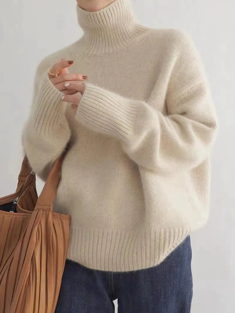 Isabella high collar cashmere jumper in beige, grey and khaki