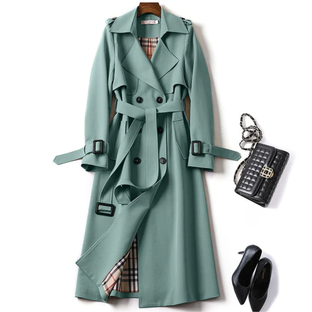Berkley Lane belted longline trench coat with sleek buttons and adjustable waist