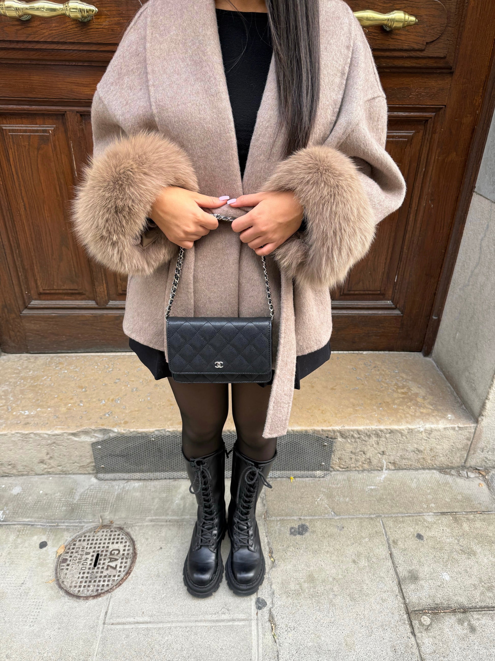 Leonora elegant tailored winter coat shown in brown and grey