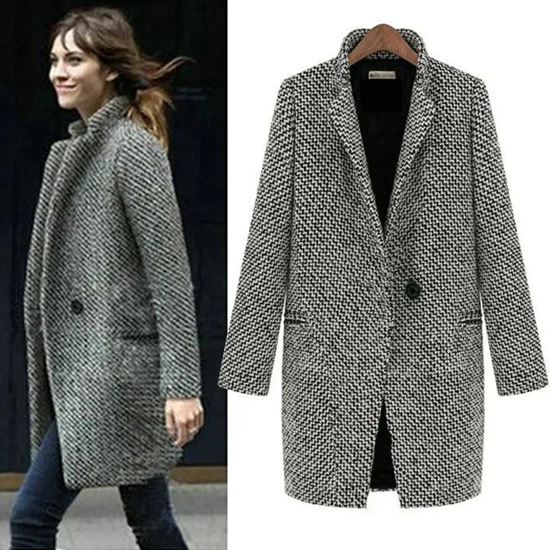 Amara long wool coat shown in a tailored, elegant silhouette for everyday layering