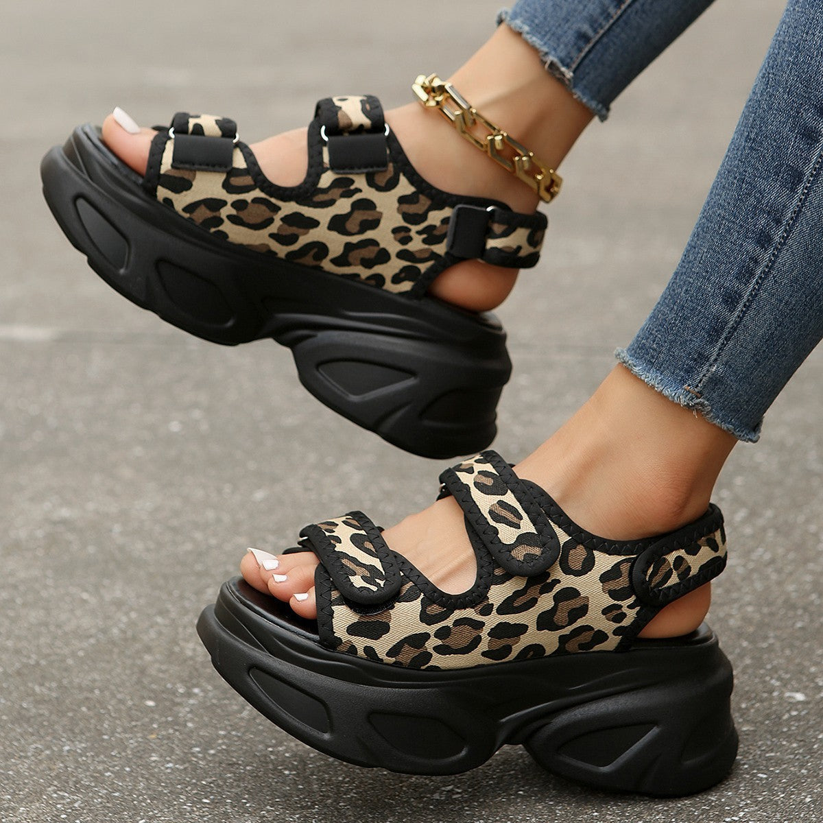 Chunky platform sandals with open toe and adjustable velcro straps in leopard, black and blue