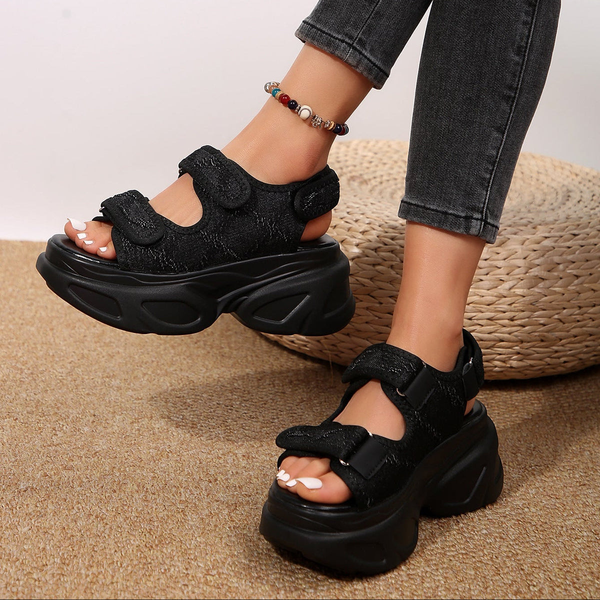 Chunky platform sandals with open toe and adjustable velcro straps in leopard, black and blue