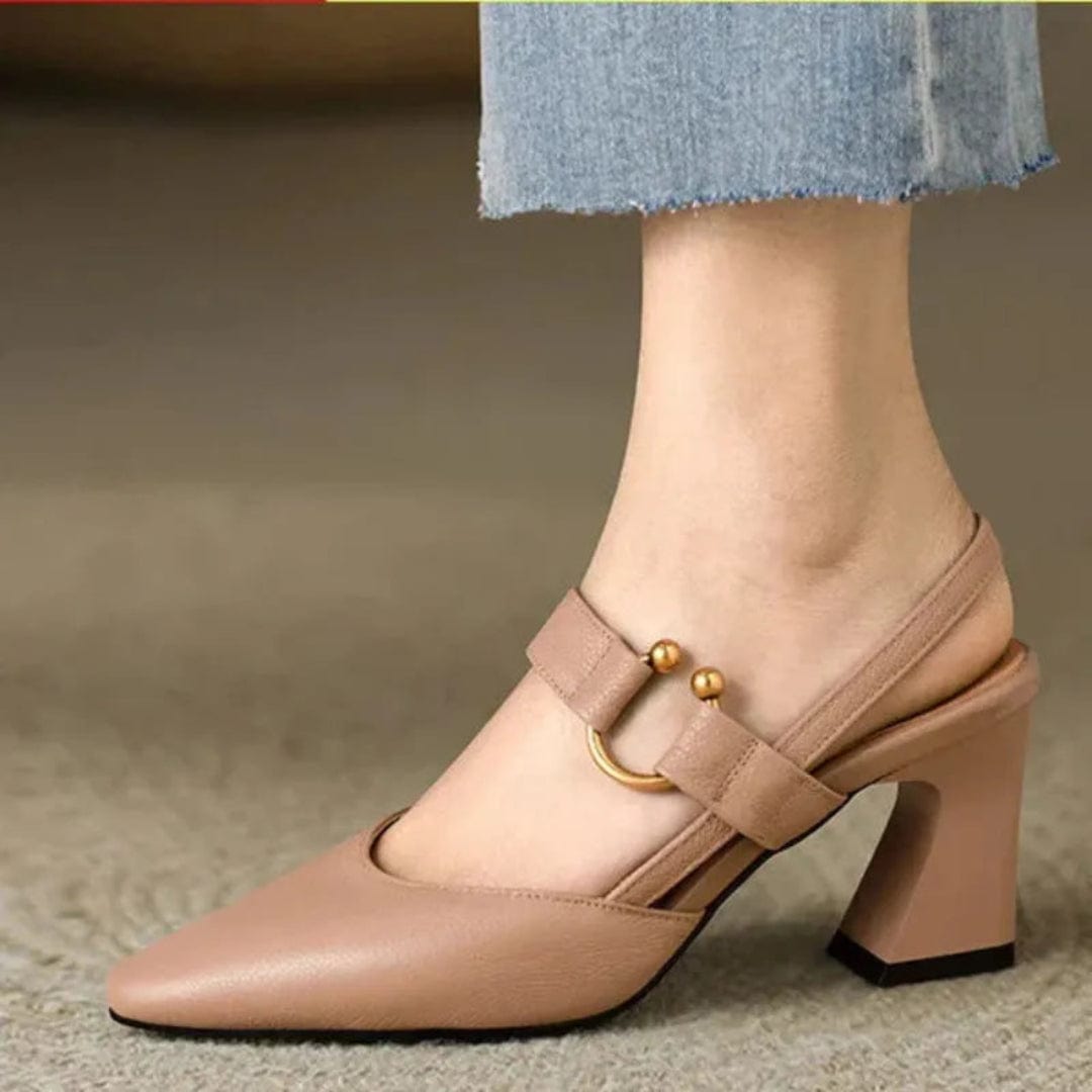 Camille cushioned low-heel slingback shoes with buckle strap and gold-tone accent