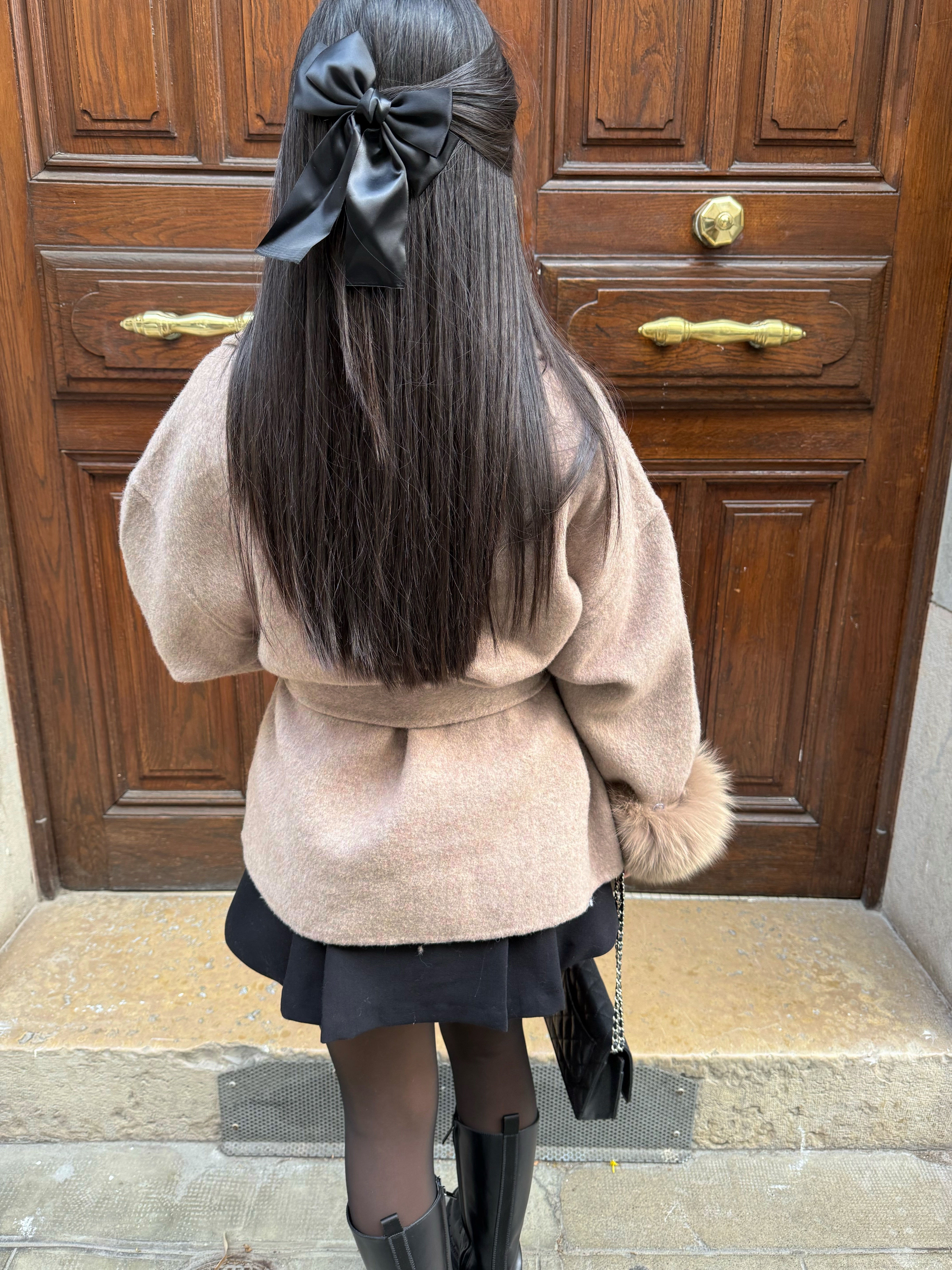 Leonora elegant tailored winter coat shown in brown and grey