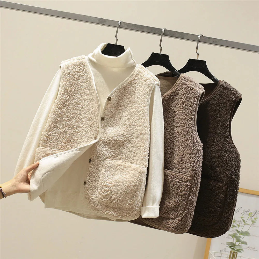 Faye luxe fleece vest in warm neutral tones, styled for easy everyday layering