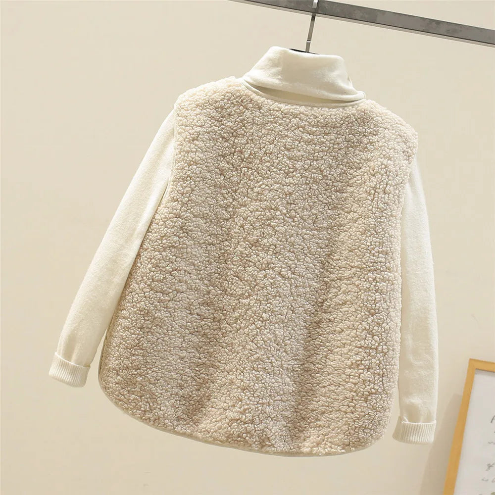 Faye luxe fleece vest in warm neutral tones, styled for easy everyday layering
