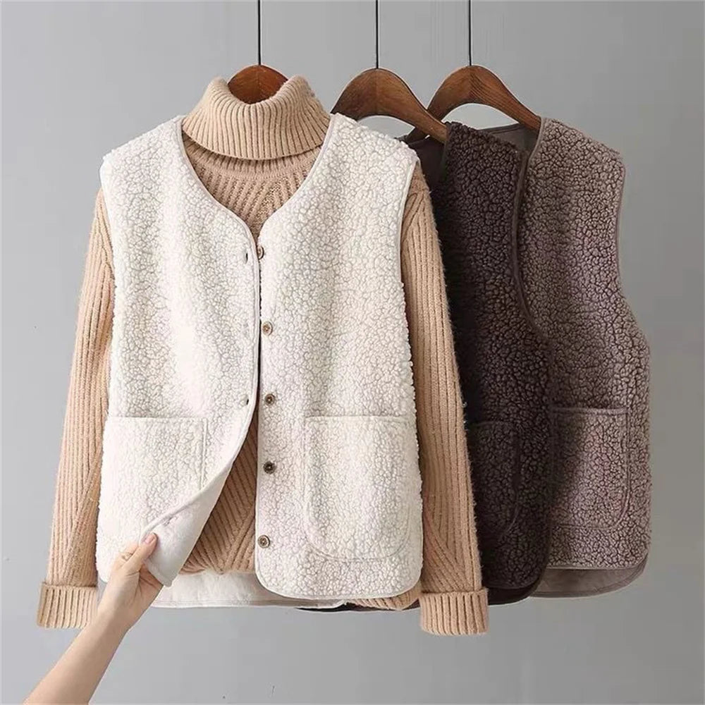 Faye luxe fleece vest in warm neutral tones, styled for easy everyday layering