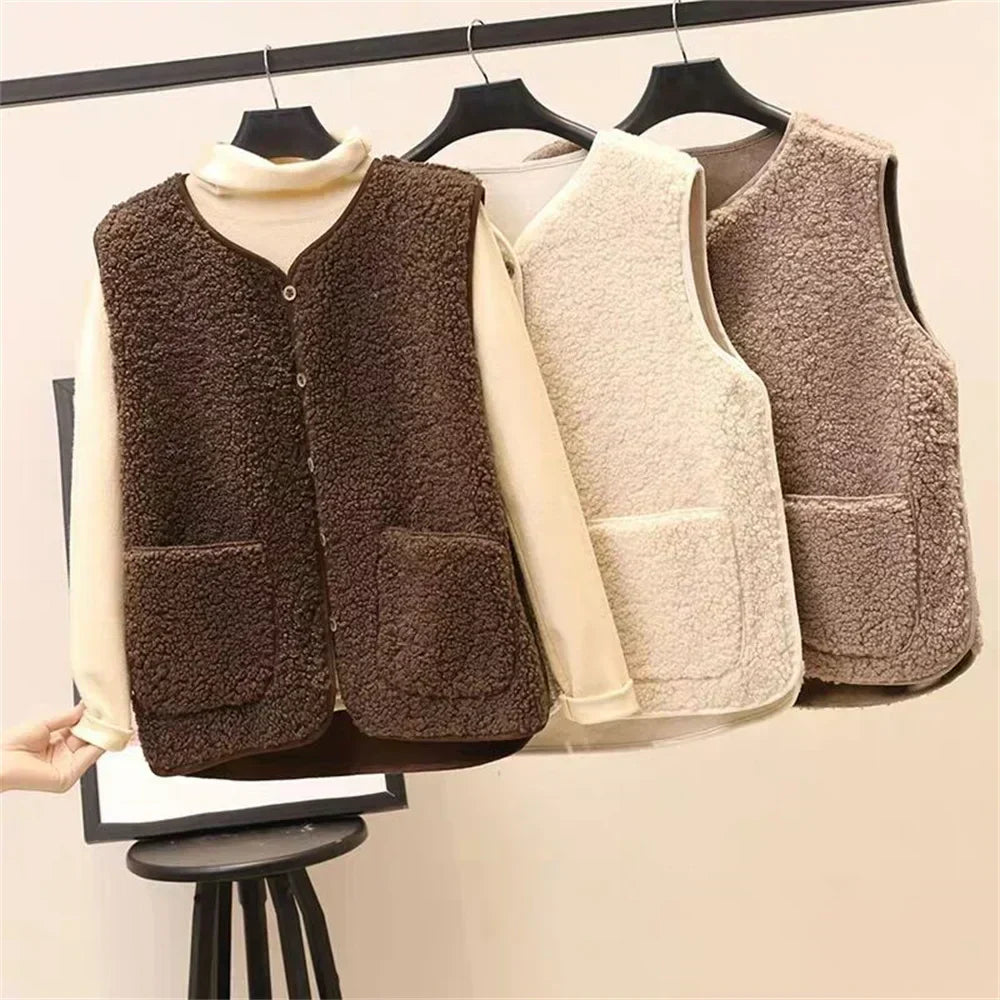 Faye luxe fleece vest in warm neutral tones, styled for easy everyday layering