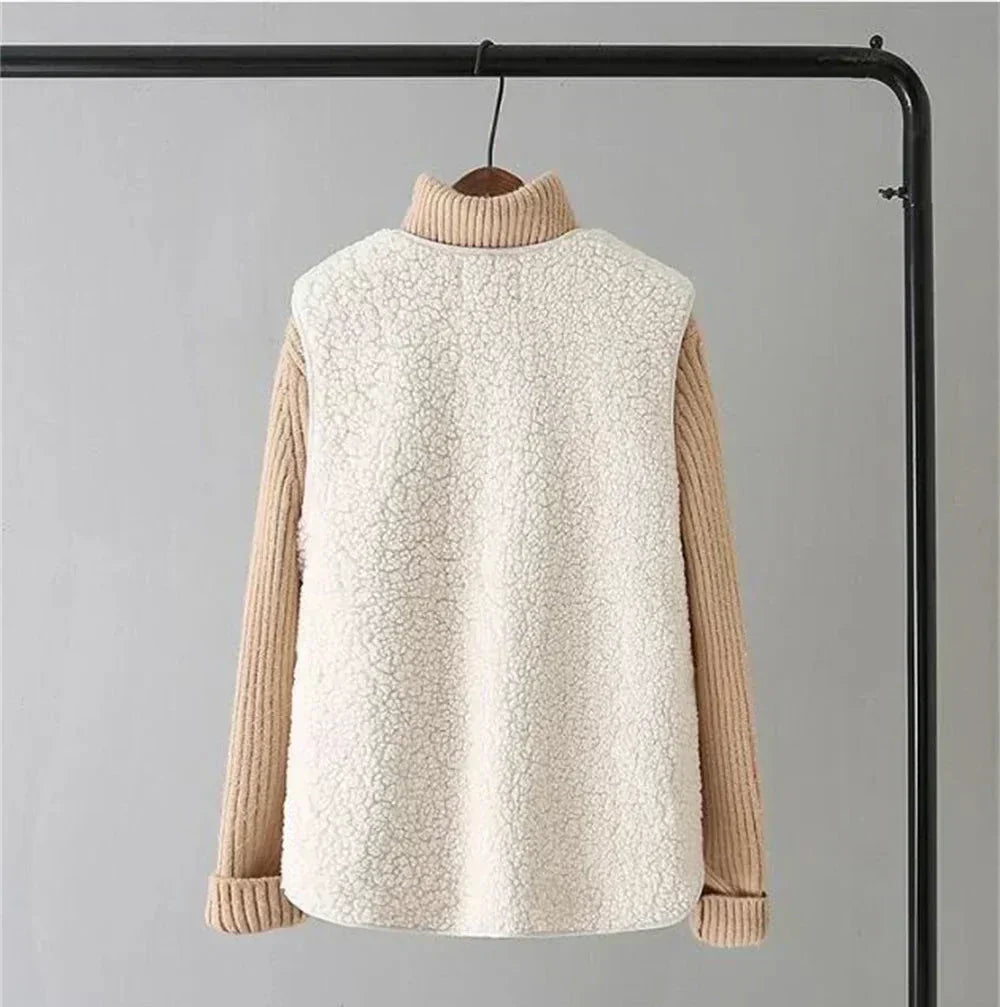 Faye luxe fleece vest in warm neutral tones, styled for easy everyday layering