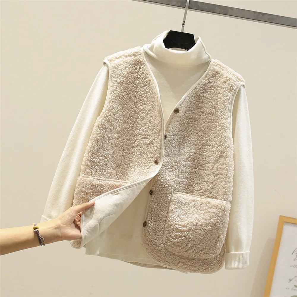 Faye luxe fleece vest in warm neutral tones, styled for easy everyday layering