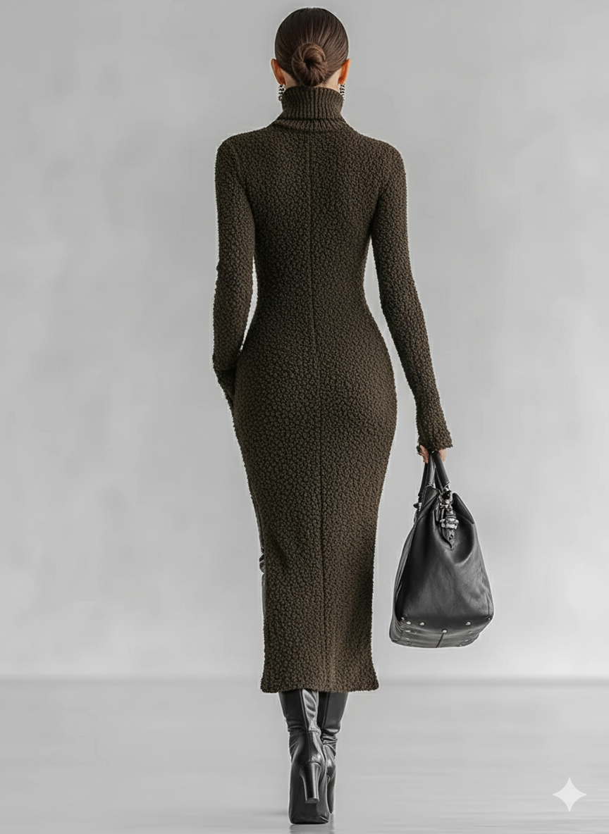 Bette slim fit plush knitted dress shown in a flattering silhouette
