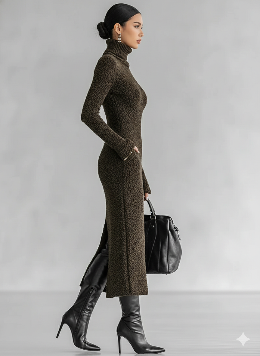Bette slim fit plush knitted dress shown in a flattering silhouette