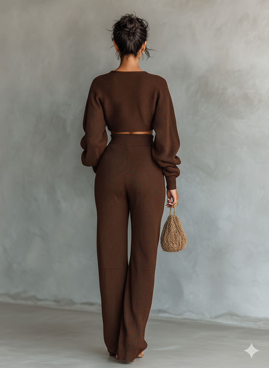 Una coffee-coloured short top and wide-leg trouser matching co-ord set