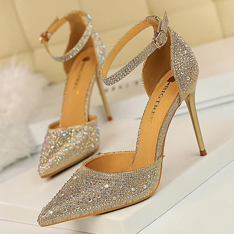 Rhinestone embellished stiletto high heels in an elegant party silhouette
